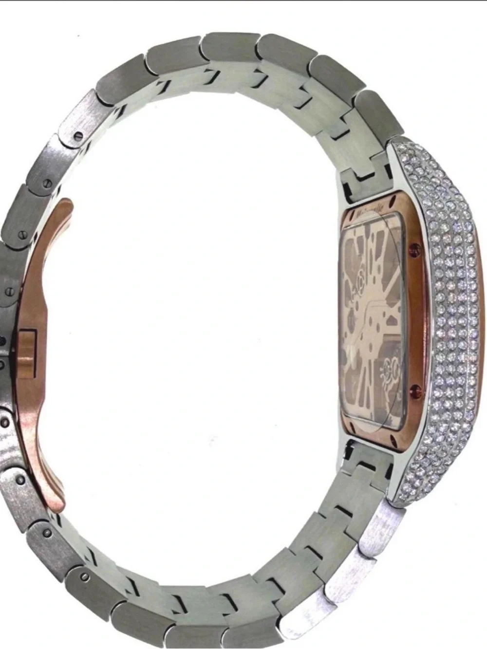 Rose Gold Moissanite Skeleton Automatic Watch Stainless Steel Open Dial